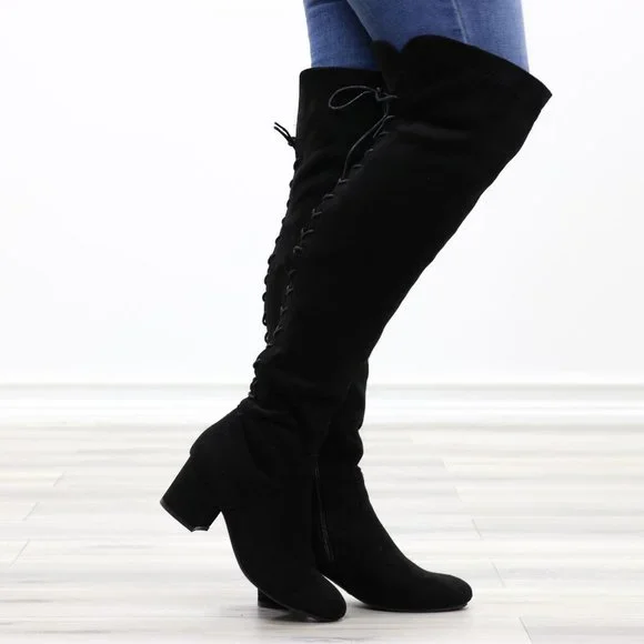 Low Heel Thigh High Boots Faux Suede Back Womens Lace Up Black Above The Knee - Picture 1 of 15